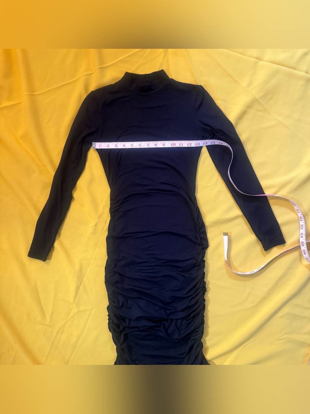 Black Long-Sleeve Turtleneck Ruched Midi Dress